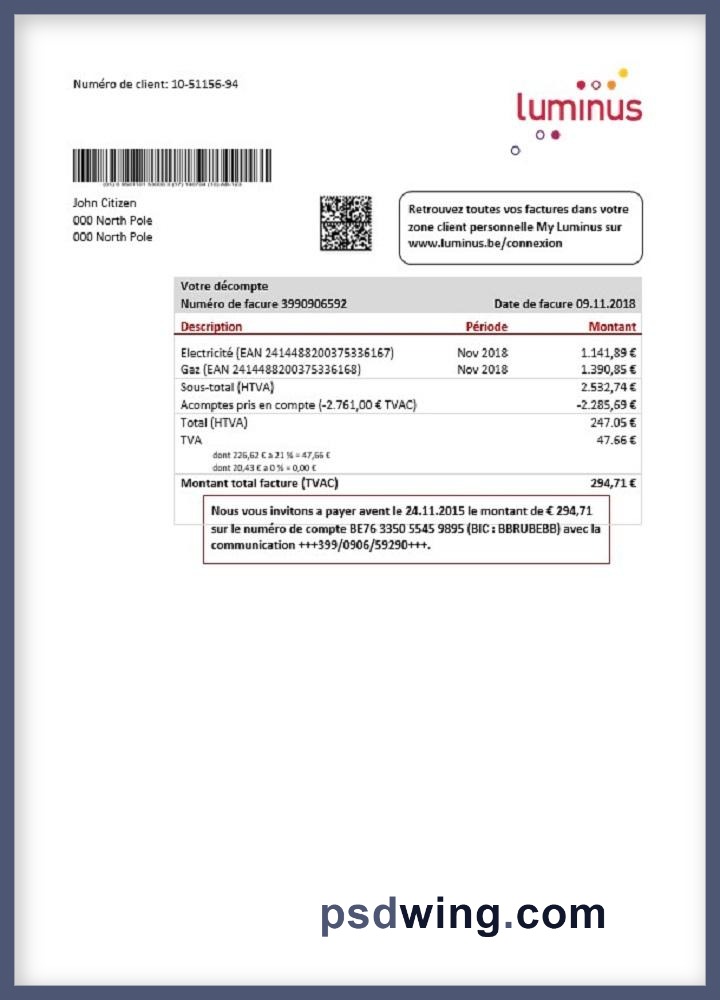 Belgium Luminus Utility Bill